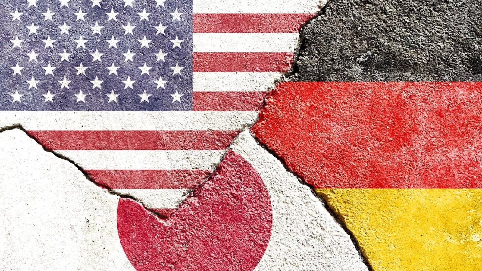 Faded USA vs Germany vs Japan national flags icon isolated on broken weathered cracked wall background, abstract US Germany Japan politics relationship divided conflicts concept texture wallpaper.