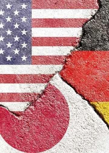 Faded USA vs Germany vs Japan national flags icon isolated on broken weathered cracked wall background, abstract US Germany Japan politics relationship divided conflicts concept texture wallpaper.