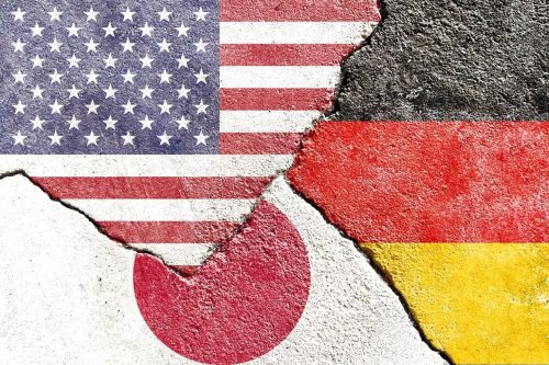 Faded USA vs Germany vs Japan national flags icon isolated on broken weathered cracked wall background, abstract US Germany Japan politics relationship divided conflicts concept texture wallpaper.