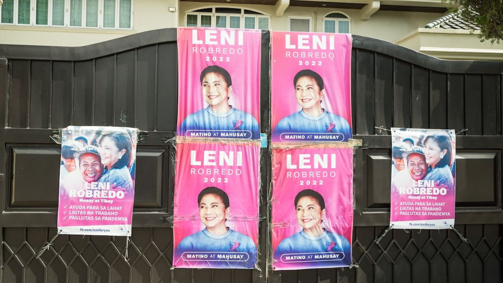 Colorful election posters featuring presidential candidate Leni Robredo during the Philippine General Elections 2022, seen in Manila on April 16, 2022. Photo: Jim Kayalar.