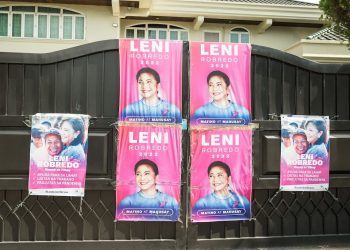 Colorful election posters featuring presidential candidate Leni Robredo during the Philippine General Elections 2022, seen in Manila on April 16, 2022. Photo: Jim Kayalar.