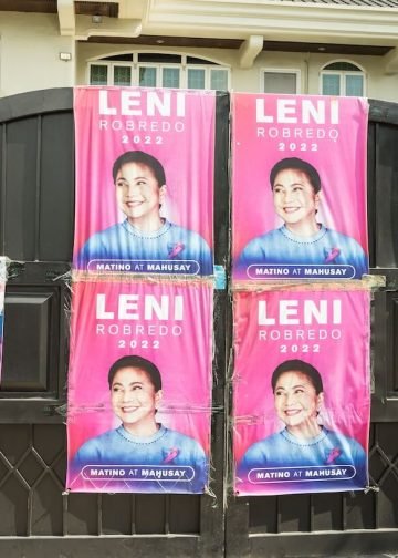 Colorful election posters featuring presidential candidate Leni Robredo during the Philippine General Elections 2022, seen in Manila on April 16, 2022. Photo: Jim Kayalar.