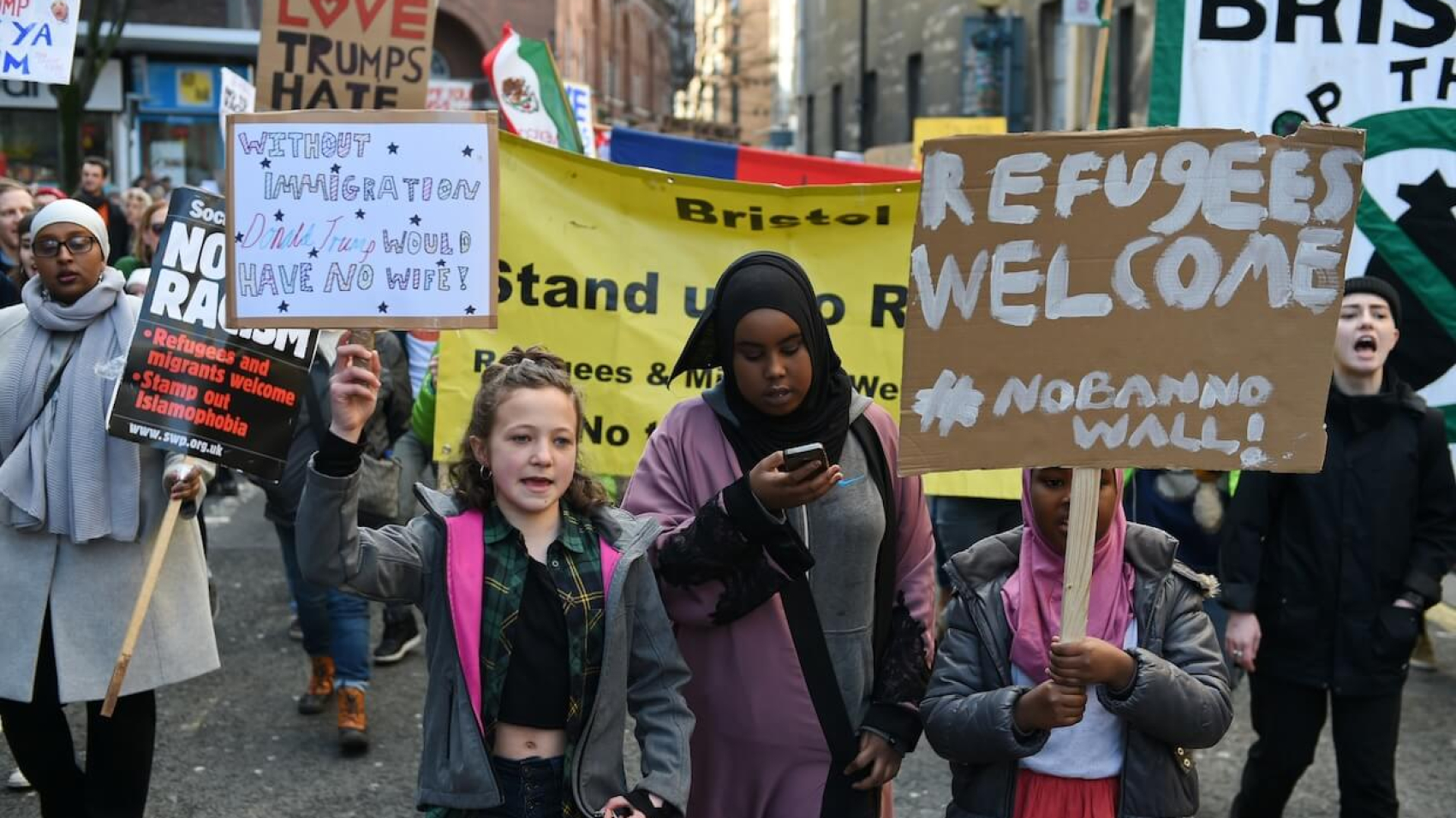 Several thousand protesters marched in Bristol, UK, on February 4, 2017, opposing President Trump's scheduled state visit to the UK and his executive order banning travel to the US from seven Muslim-majority countries. Photo: Dreamstime.