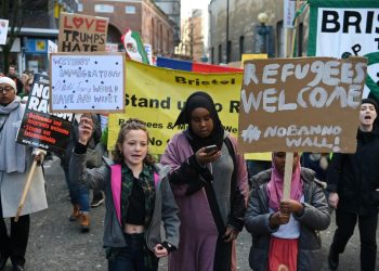 Several thousand protesters marched in Bristol, UK, on February 4, 2017, opposing President Trump's scheduled state visit to the UK and his executive order banning travel to the US from seven Muslim-majority countries. Photo: Dreamstime.