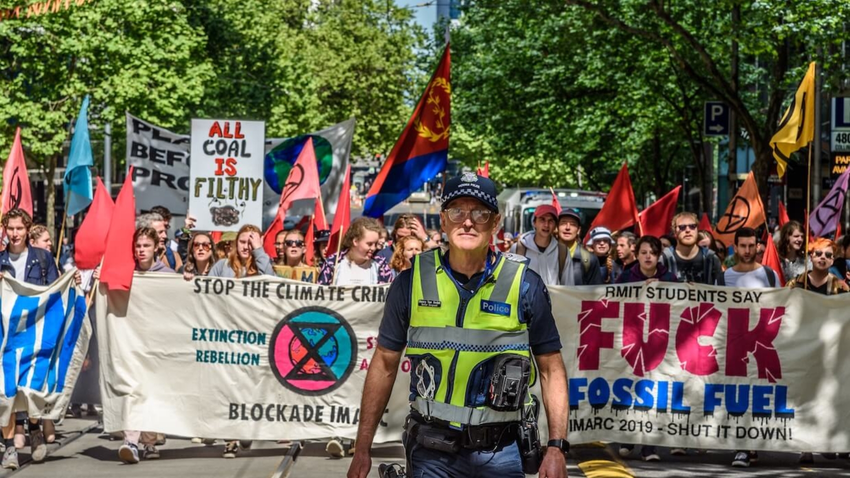 Protest against the IMARC conference in Melbourne, Australia, October 28, 2019. Extinction Rebellion and other groups march in Southbank to oppose the mining and resource industry event. Photo: Adam Calaitzis.