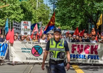 Protest against the IMARC conference in Melbourne, Australia, October 28, 2019. Extinction Rebellion and other groups march in Southbank to oppose the mining and resource industry event. Photo: Adam Calaitzis.