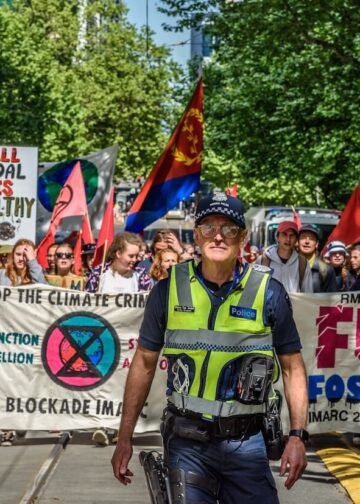 Protest against the IMARC conference in Melbourne, Australia, October 28, 2019. Extinction Rebellion and other groups march in Southbank to oppose the mining and resource industry event. Photo: Adam Calaitzis.