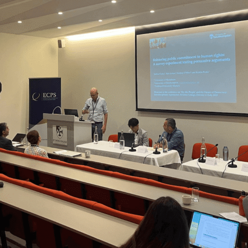 Panel 1, titled “Politics of Social Contract,” takes place during the ECPS Conference 2025 at St Cross College, University of Oxford, on July 1. Chaired by Dr. Lior Erez (Blavatnik School of Government, Nuffield College), the panel features presentations by Sabine Carey, Robert Johns, Katrin Paula, Nadine O'Shea, Nathan Tsang, and Simon Clemens.
