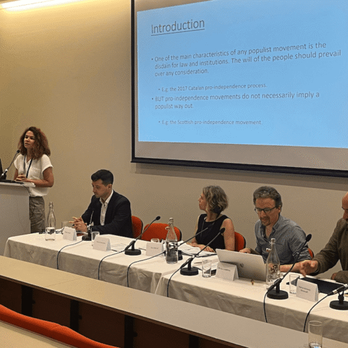 Co-chaired by Elia Marzal and Bruno Godefroy, Panel 3, titled "Populist Threats to Constitutional Democracy," featured the EUCODEM team’s critical research on judicial erosion, the misuse of referenda, pro-independence populism, and institutional mechanisms to protect democratic systems.