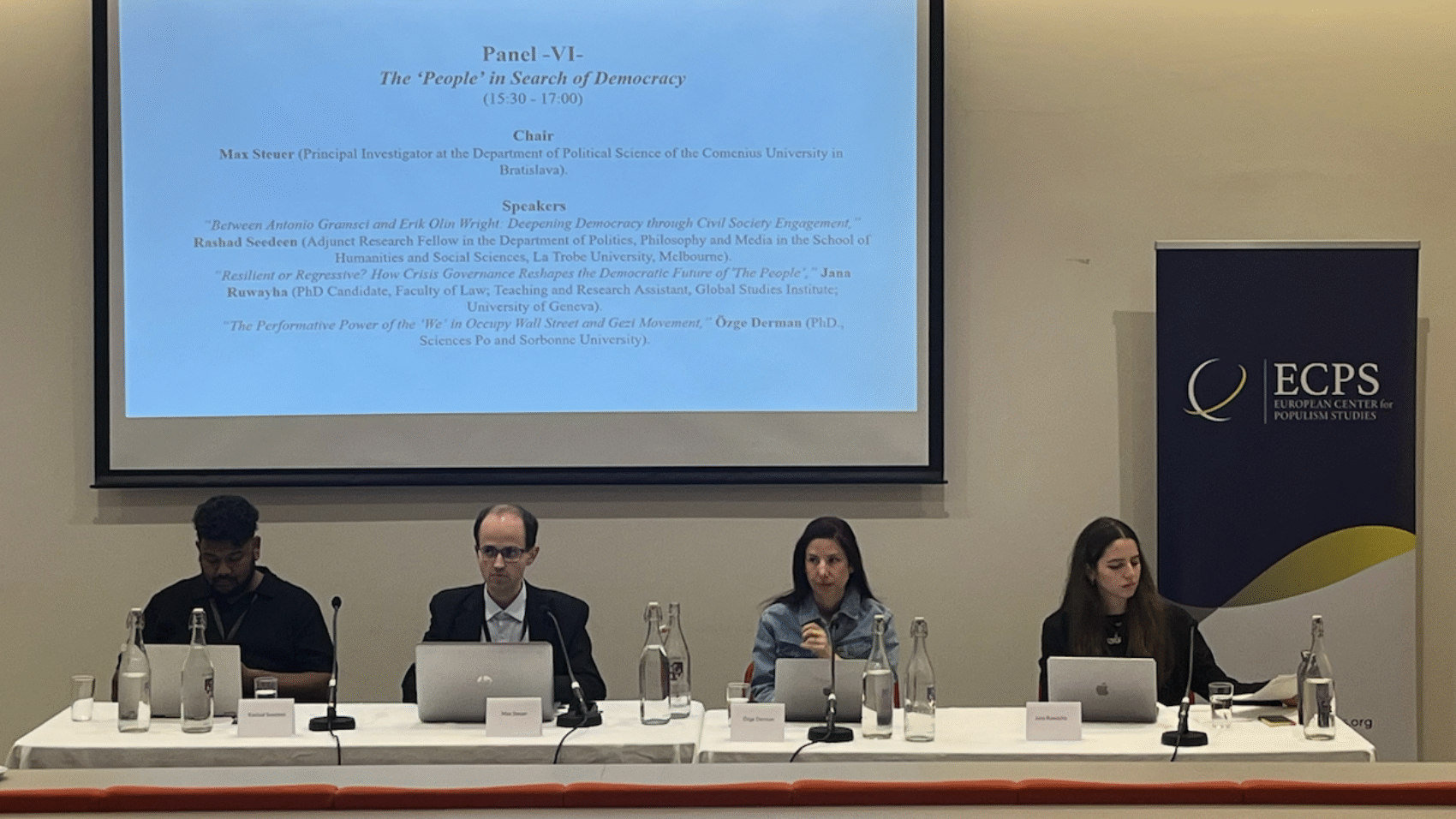 Scholars examined how civil society, crisis governance, and performative protest shape democratic futures during Panel VI, “The ‘People’ in Search of Democracy,” at the ECPS Conference 2025. Speakers: Rashad Seedeen, Jana Ruwayha, and Özge Derman. Chair: Max Steuer.