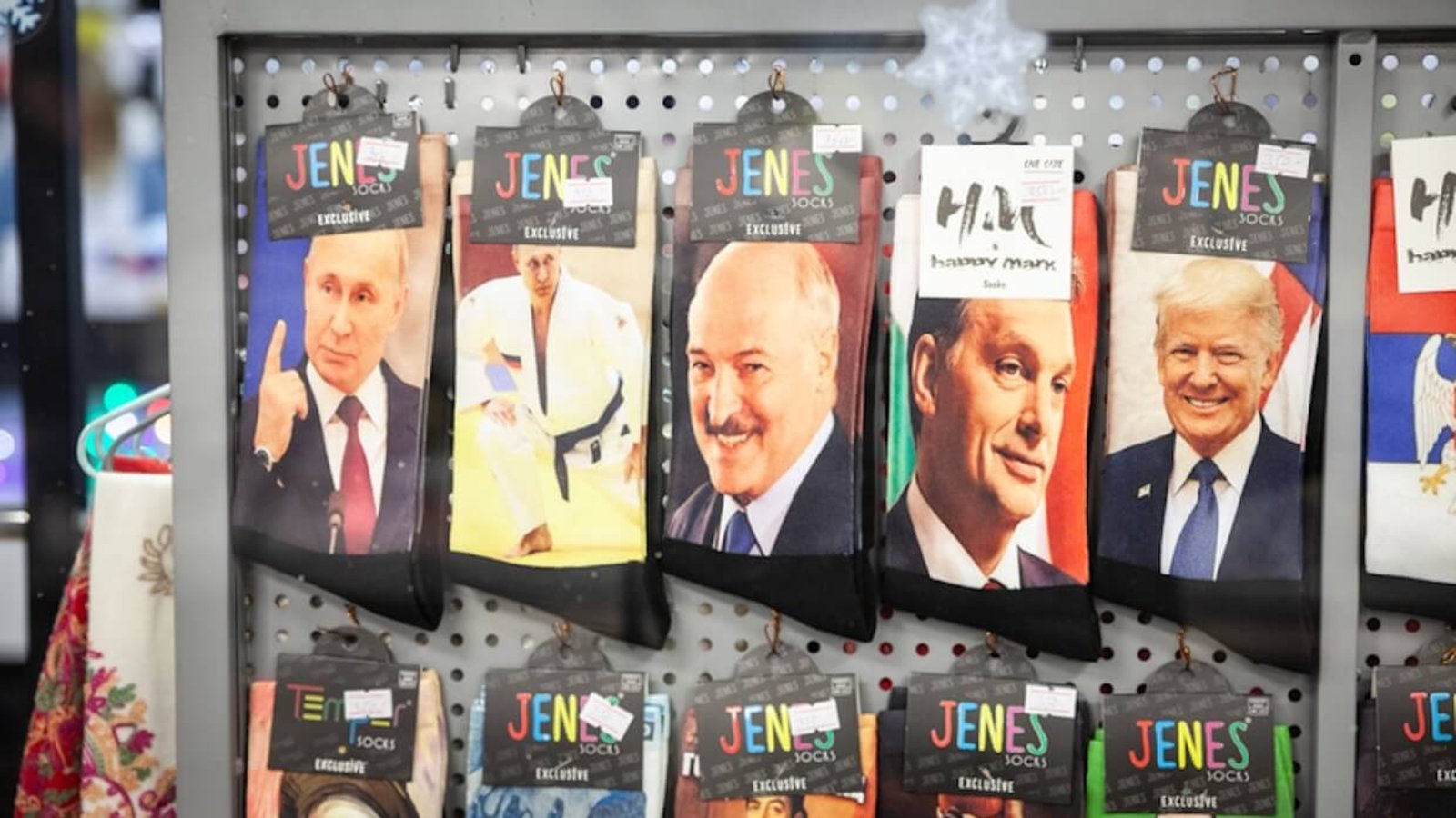 This editorial image, captured in Belgrade, Serbia, showcases an array of novelty socks featuring the likenesses of Vladimir Putin, Aleksandr Lukashenko, Viktor Orban, and Donald Trump in Belgrade, Serbia on December 12, 2024. Photo: Jerome Cid.