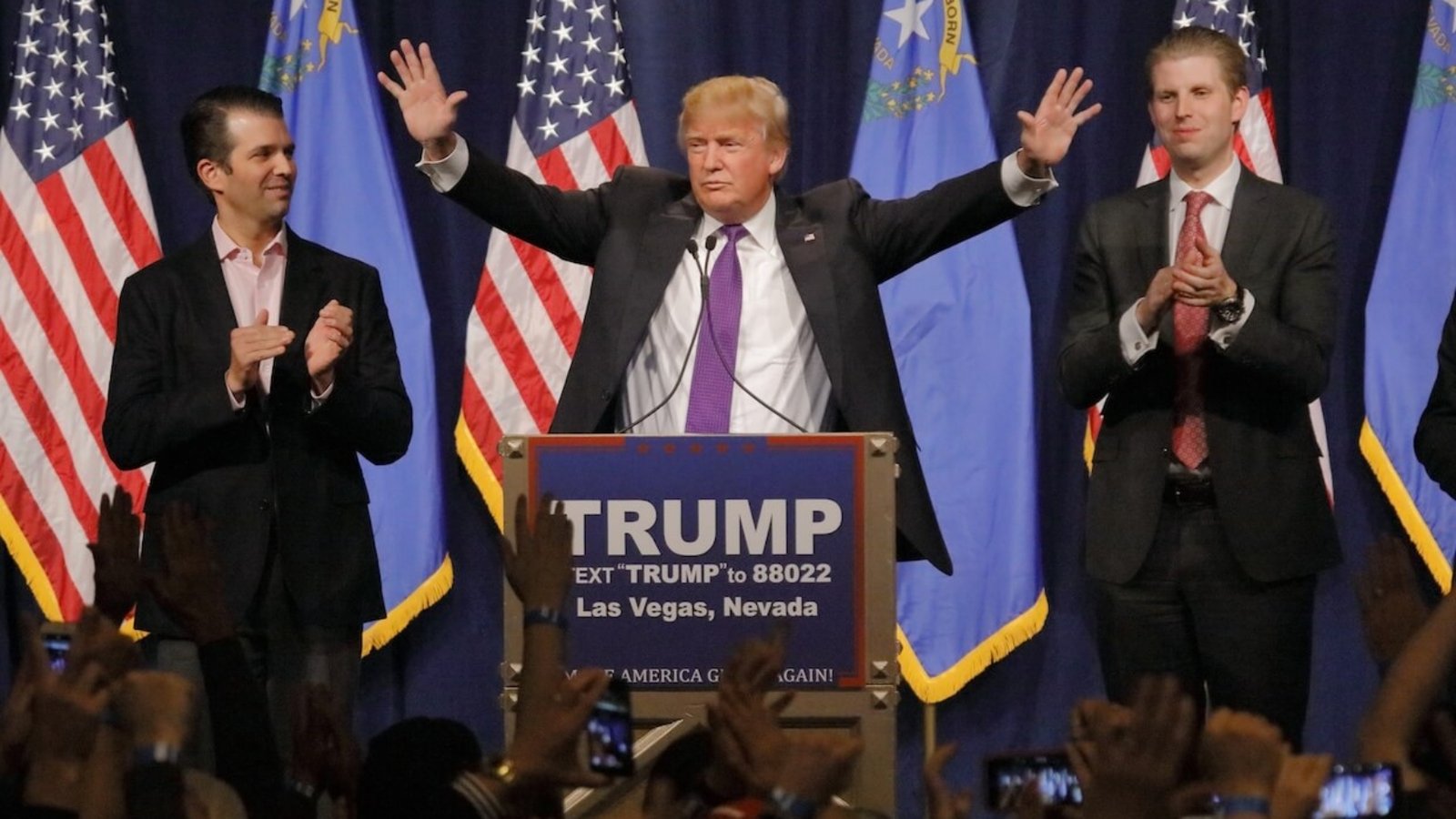Donald Trump delivers a victory speech after his big win in the Nevada caucus at Treasure Island Hotel & Casino, flanked by his sons Eric (right) and Donald Jr. (left) in Las Vegas, NV. Photo: Joe Sohm.