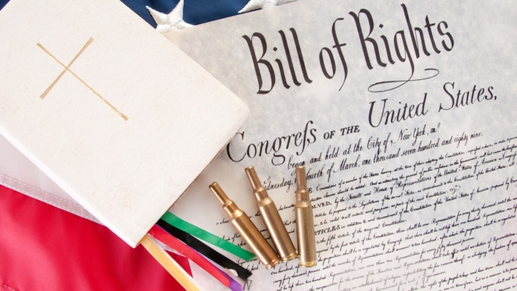United States Bill of Rights alongside a Bible and bullets. Photo: Cheryl Casey.