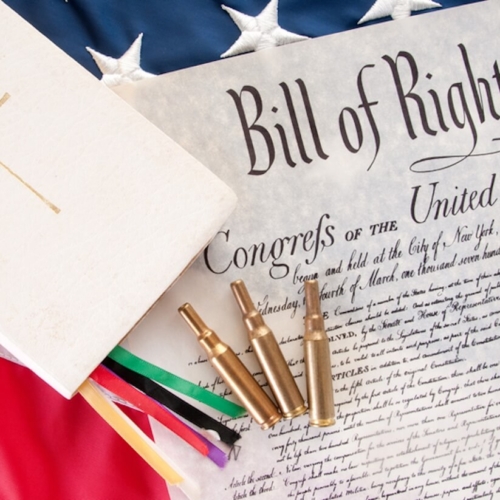 United States Bill of Rights alongside a Bible and bullets. Photo: Cheryl Casey.