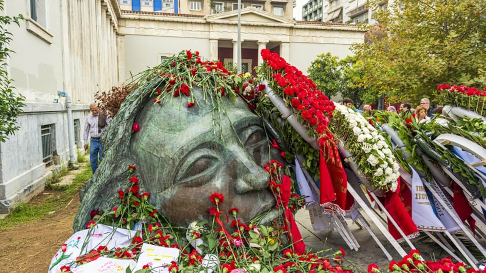 The Athens Polytechnic Monument covered with flowers during the 2019 commemoration of the 1973 student uprising against the Greek junta in Athens, Greece. Photo: Antonios Karvelas.