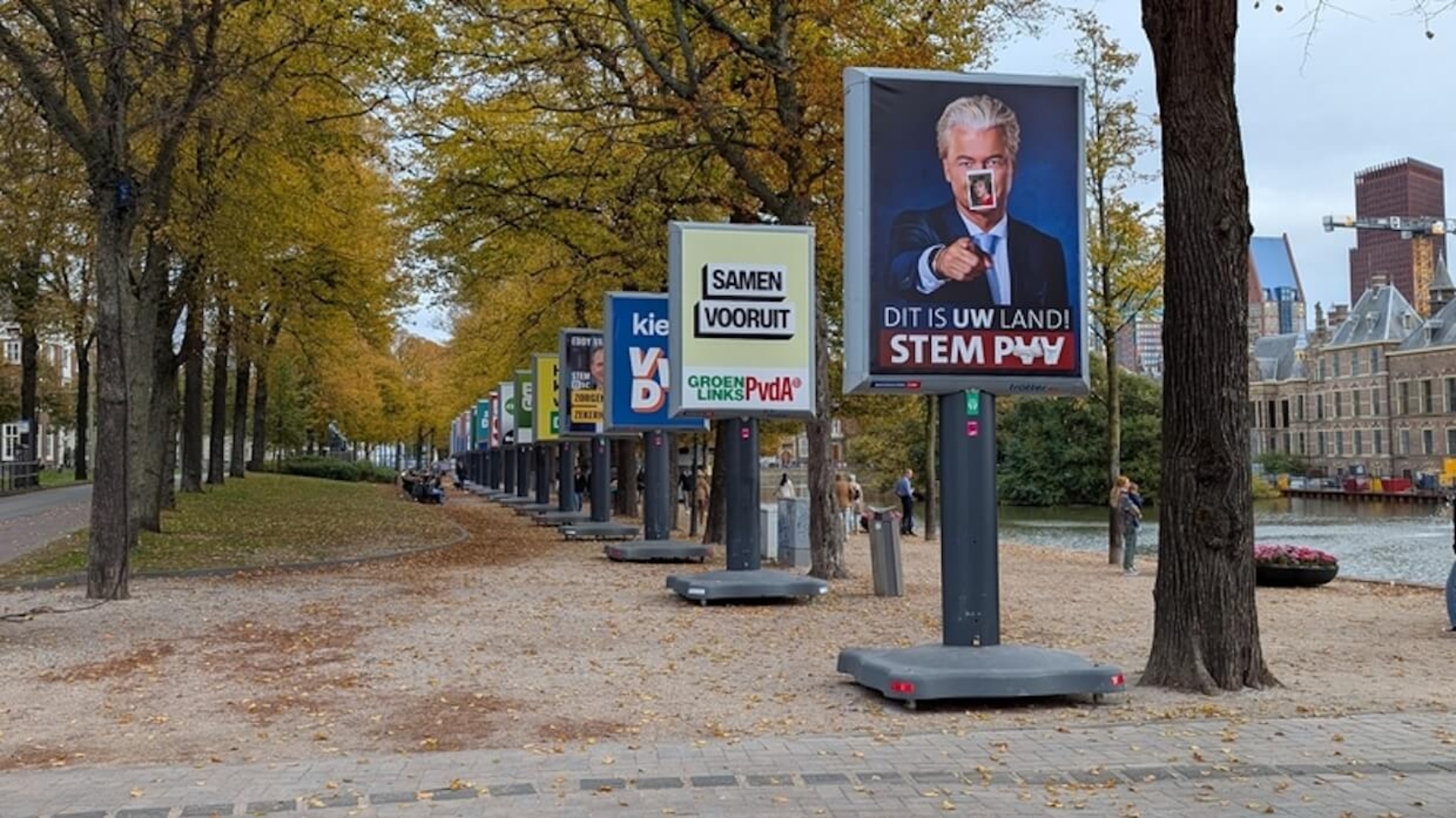 Election posters near the Binnenhof featuring Geert Wilders of the PVV in the foreground, The Hague, the Netherlands, October 12, 2025. Photo: Dreamstime.