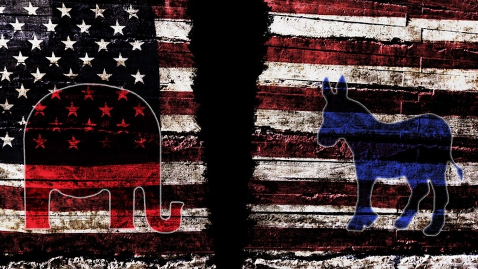 Torn American flag with Democratic and Republican party symbols, representing political division in the United States. Photo: Dreamstime.