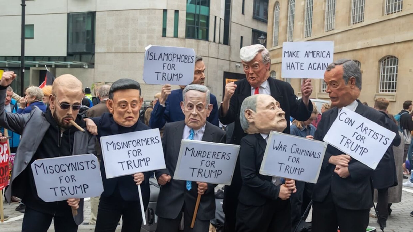 Stop Trump Coalition march, Central London, United Kingdom, September 17, 2025. Protesters dressed as Musk, Farage, Vance, Putin, Trump, and Netanyahu. Photo: Ben Gingell.