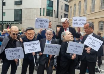 Stop Trump Coalition march, Central London, United Kingdom, September 17, 2025. Protesters dressed as Musk, Farage, Vance, Putin, Trump, and Netanyahu. Photo: Ben Gingell.