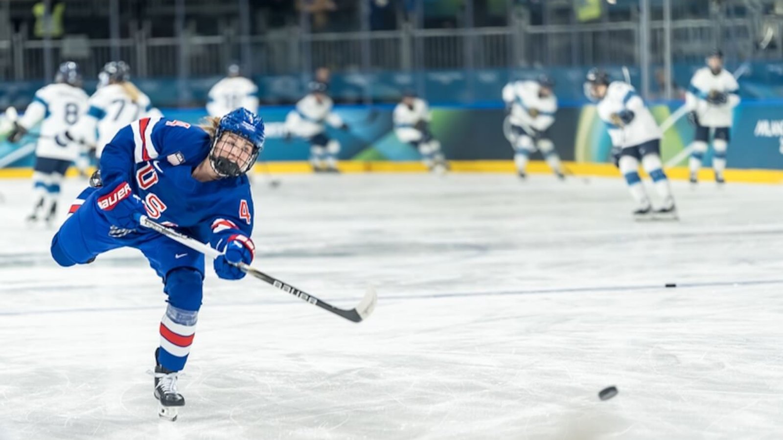 Ice Hockey Women’s Team USA warms up before its preliminary round Group B match against Finland at the Milano Ice Park in Rho, Milan, during the 2026 Milano–Cortina Winter Olympics. The United States defeated Finland 5–0. Photo:  Walter Arce | Dreamstime.