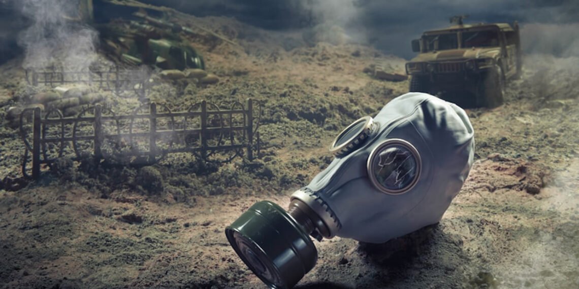 Gas mask in the aftermath of chemical warfare.