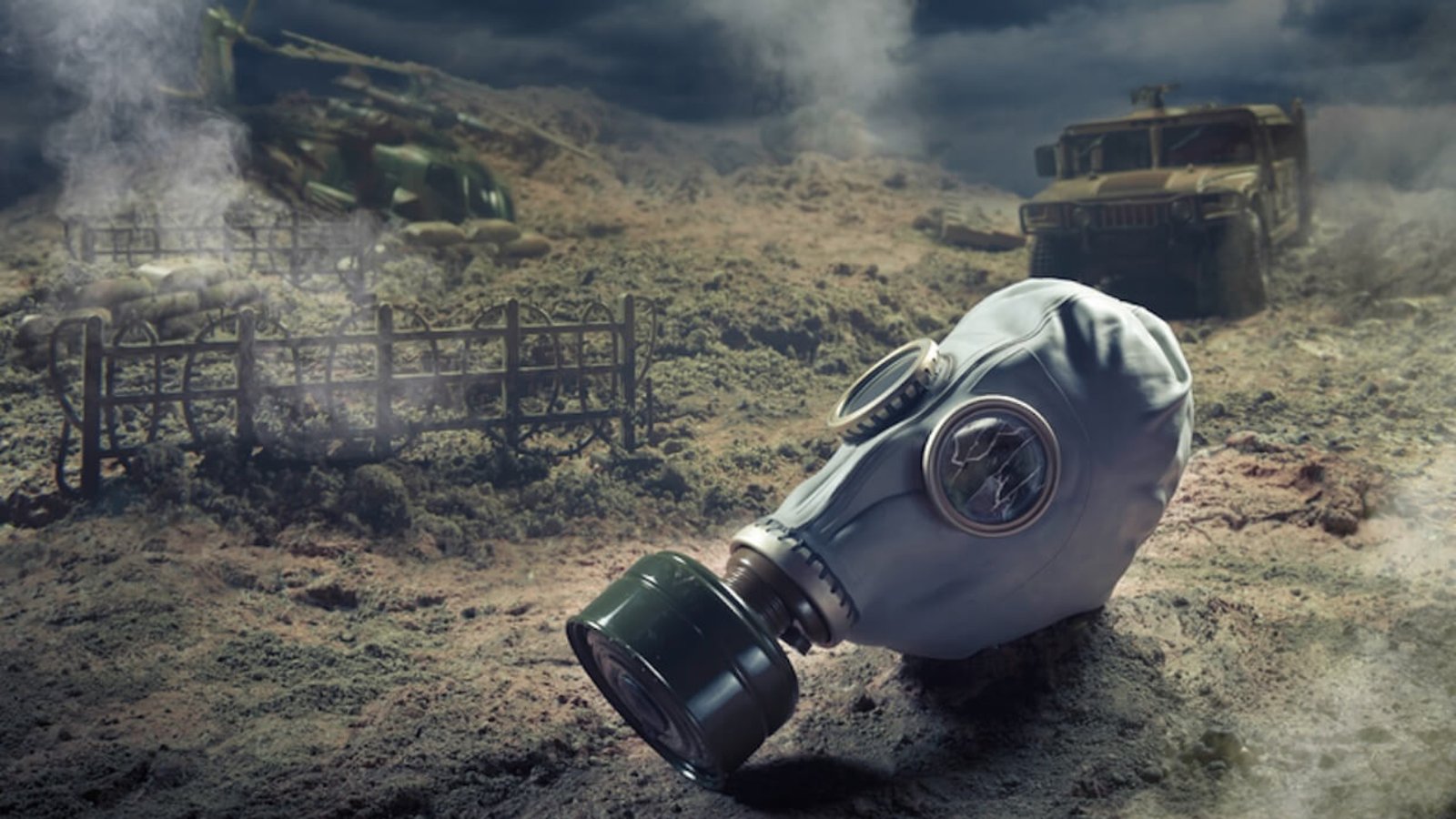 Gas mask in the aftermath of chemical warfare.