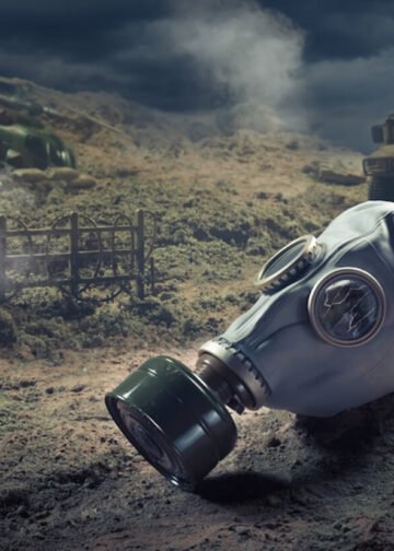 Gas mask in the aftermath of chemical warfare.