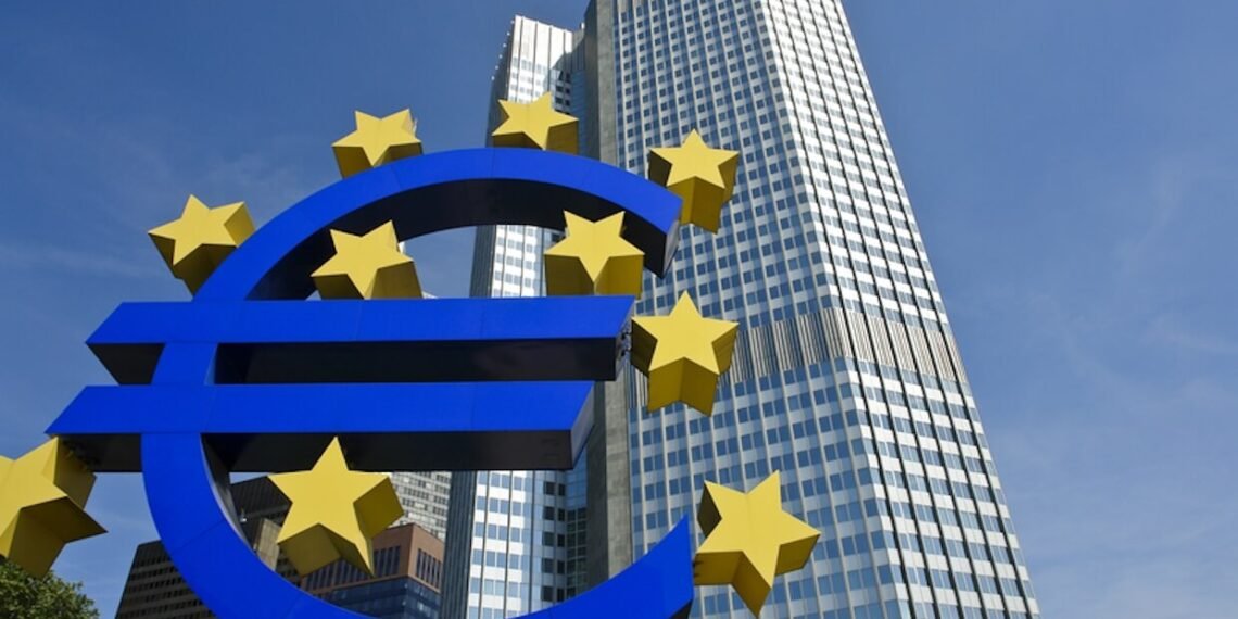 The iconic euro (€) sculpture.
