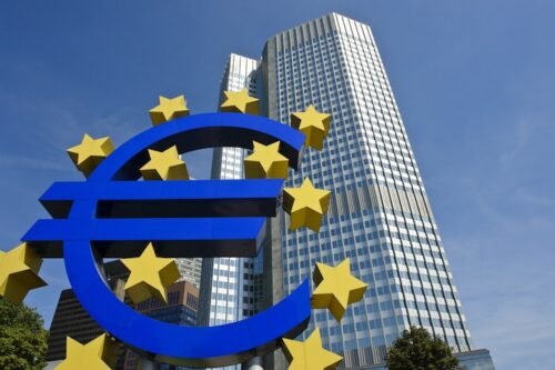 The iconic euro (€) sculpture.