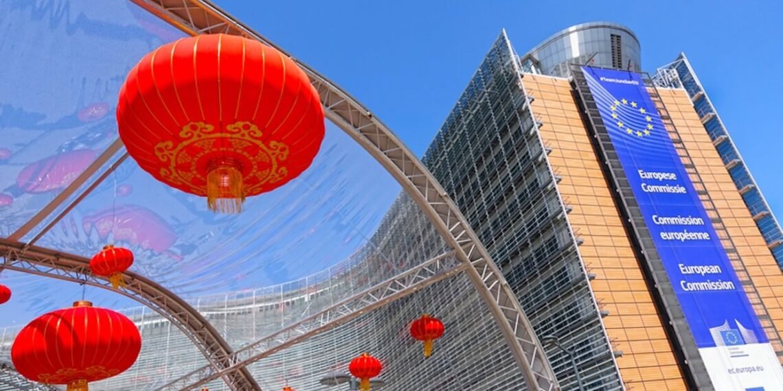 Chinese lanterns displayed during an event promoting cultural exchange and tourism between the EU and China near the European Commission building at Schuman Roundabout.