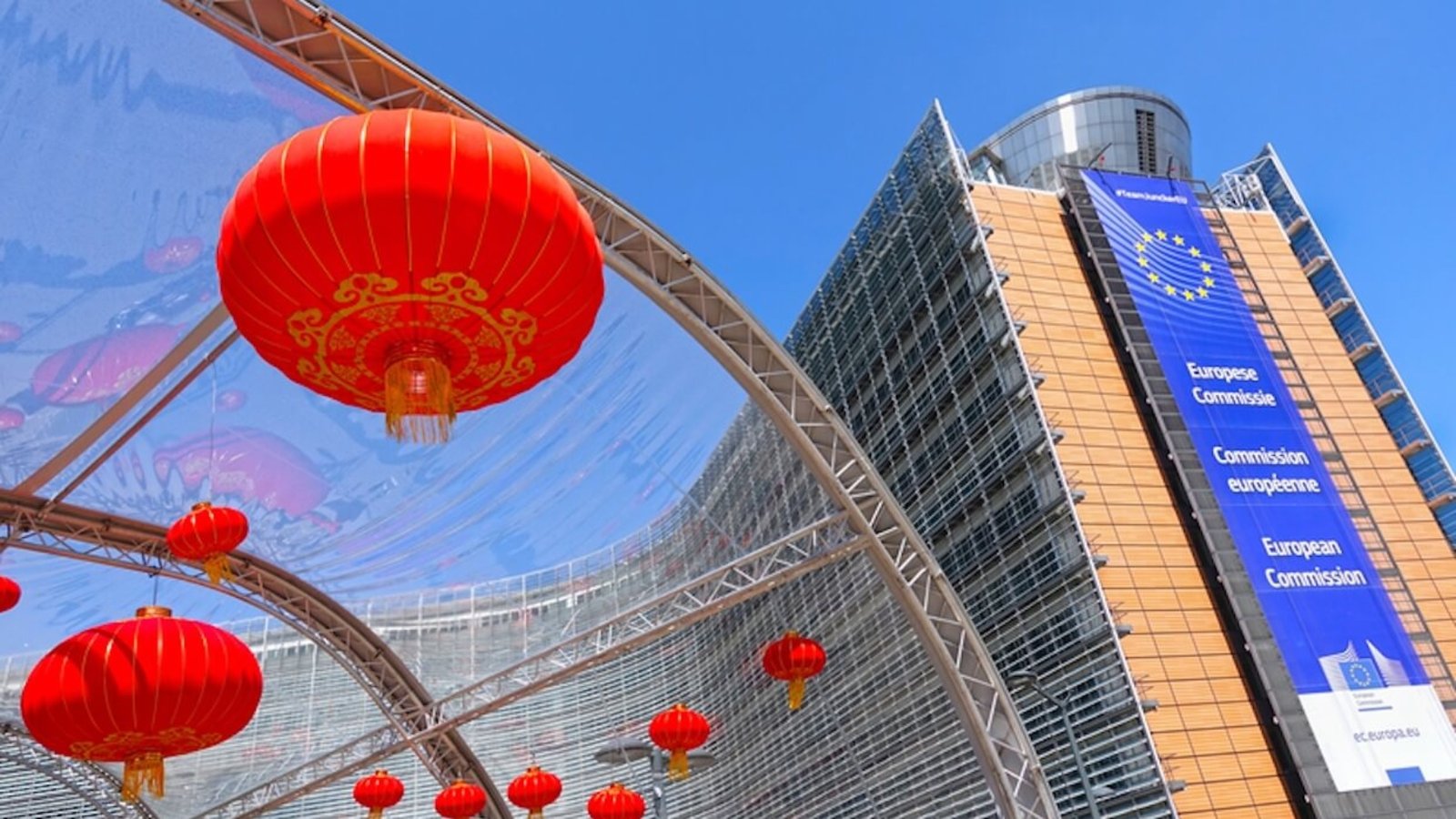 Chinese lanterns displayed during an event promoting cultural exchange and tourism between the EU and China near the European Commission building at Schuman Roundabout.