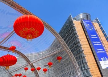 Chinese lanterns displayed during an event promoting cultural exchange and tourism between the EU and China near the European Commission building at Schuman Roundabout.