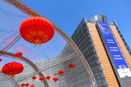 Chinese lanterns displayed during an event promoting cultural exchange and tourism between the EU and China near the European Commission building at Schuman Roundabout.