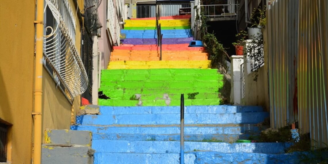 Colorful LGBTQ+ rainbow stairs in Cihangir, Istanbul.