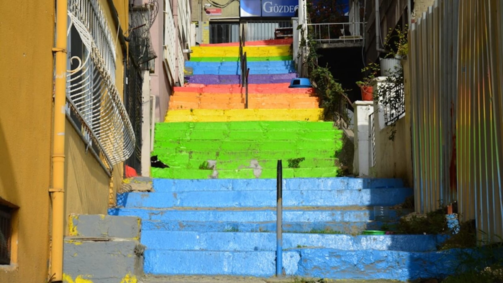 Colorful LGBTQ+ rainbow stairs in Cihangir, Istanbul.
