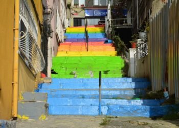 Colorful LGBTQ+ rainbow stairs in Cihangir, Istanbul.