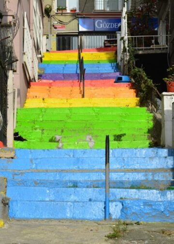 Colorful LGBTQ+ rainbow stairs in Cihangir, Istanbul.