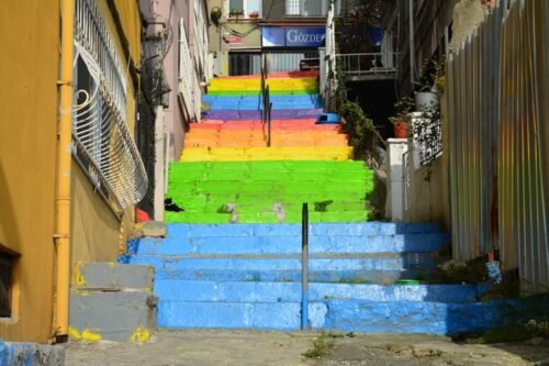 Colorful LGBTQ+ rainbow stairs in Cihangir, Istanbul.